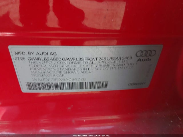 2006 AUDI A4 WAUDF78EX6A064278 Photo 8