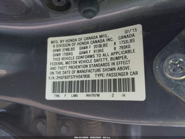Honda r18z1 2015 2HGFB2F57FH547856 Image 9