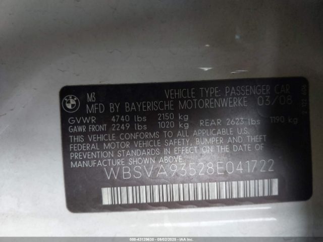 2008 BMW M3 WBSVA93528E041722 Photo 8