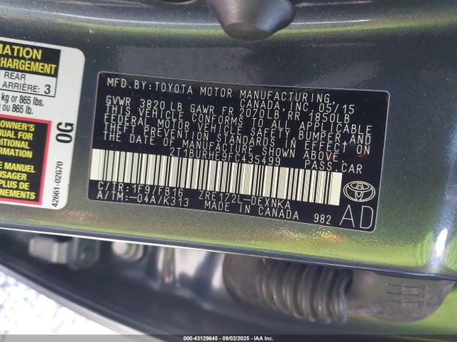 Toyota 2zr-fe 2015 2T1BURHE9FC435499 Image 9