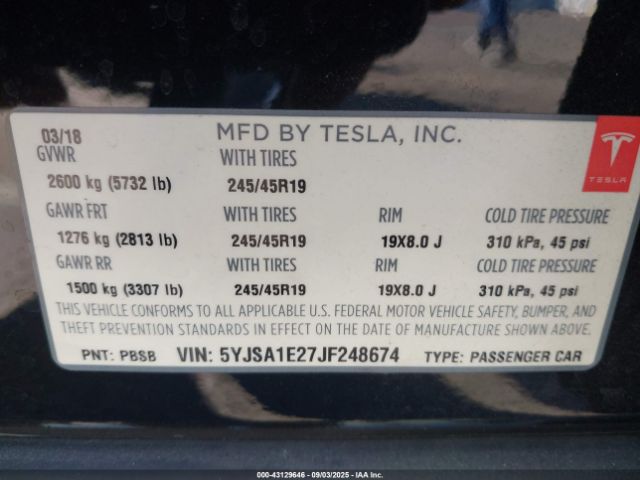 2018 TESLA MODEL S 5YJSA1E27JF248674 Photo 8