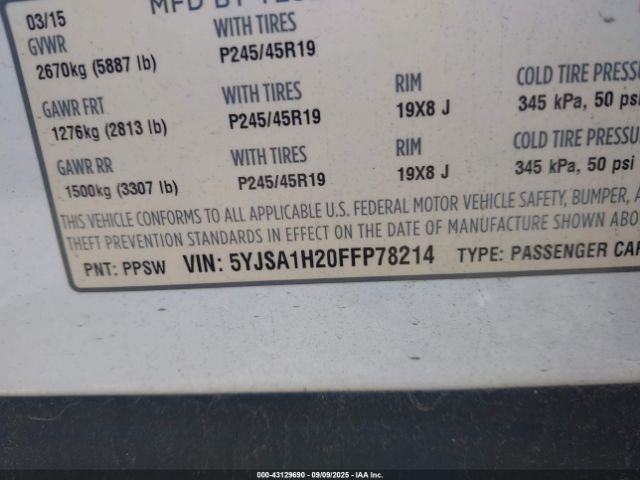 2015 TESLA MODEL S 5YJSA1H20FFP78214 Photo 8