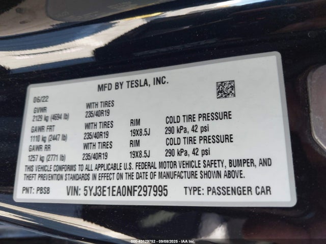 Tesla Model 3 Rear-wheel Drive 2022 5YJ3E1EA0NF297995 Image 9