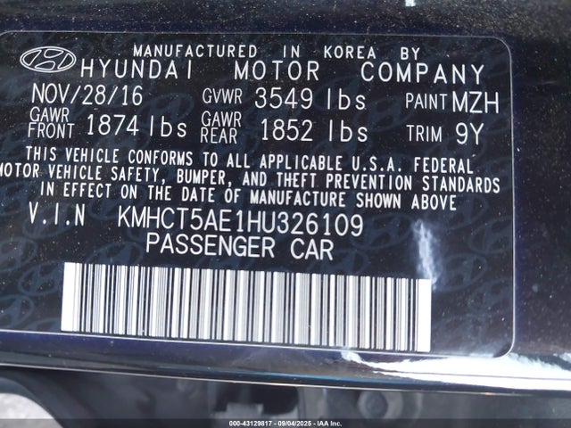 KMHCT5AE1HU326109 Hyundai ACCENT SE