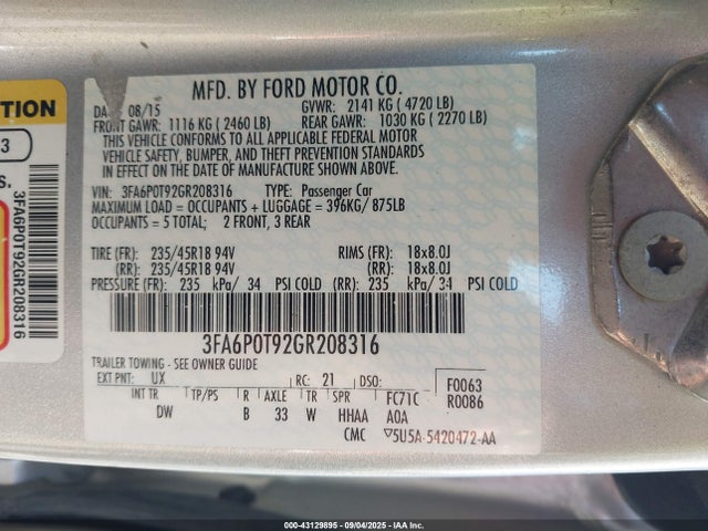 2016 FORD FUSION 3FA6P0T92GR208316 Photo 8