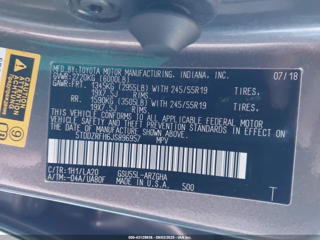5TDDZRFH6JS896957 Toyota 2gr-fks