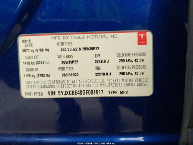 2016 TESLA MODEL X 5YJXCBE40GF001917 Photo 8