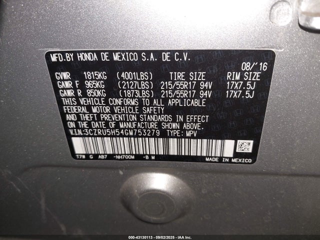 3CZRU5H54GM753279 Honda r18z9