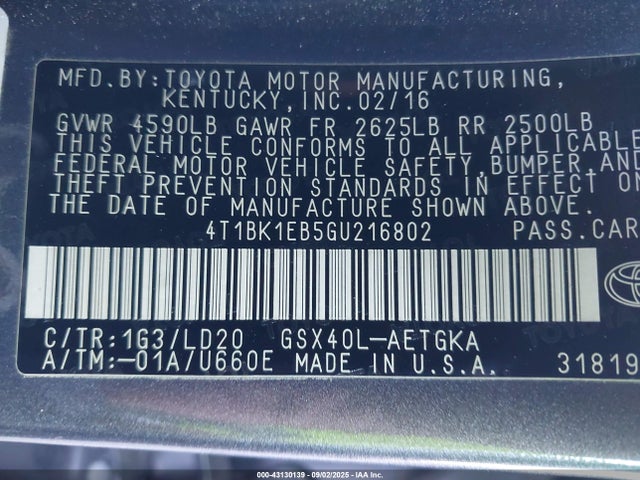 Toyota 2gr-fe 2016 4T1BK1EB5GU216802 Image 9