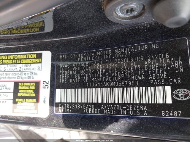 Aukcja sprzedaży 2021 Toyota Camry Se, vin: 4T1G11AK9MU597953, numer aukcji: 43130145