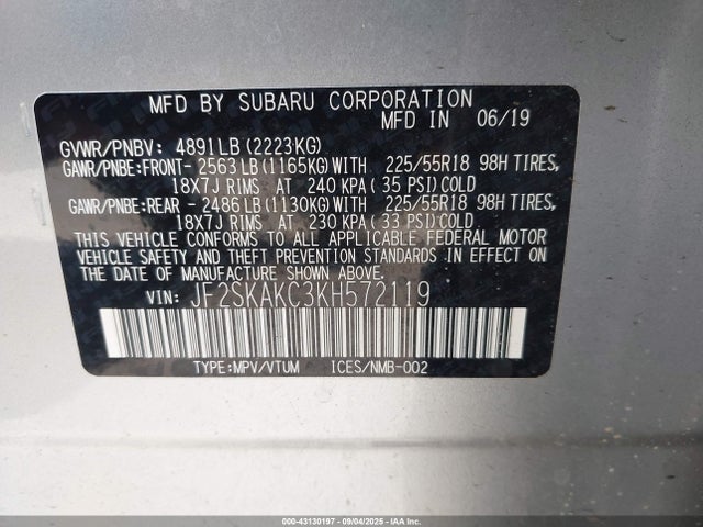 Subaru naturally aspirated u5 2019 JF2SKAKC3KH572119 Image 9