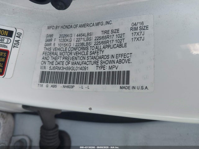 Honda k24w9/k24v1 2016 5J6RM3H59GL014091 Image 9