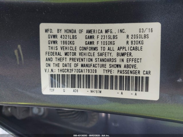 1HGCR2F70GA179309 Honda k24w1