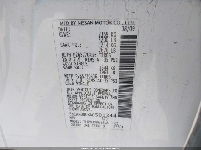 43130316 :رقم المزاد ، 5N1AN0NU8AC501344 vin ، 2010 Nissan Xterra S مزاد بيع