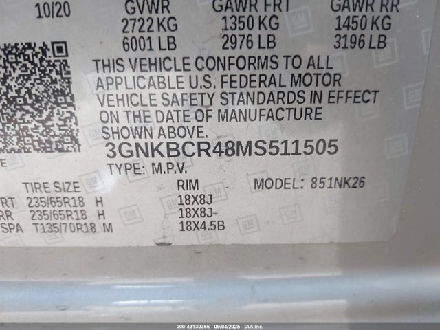 Chevrolet lsy 2021 3GNKBCR48MS511505 Image 9