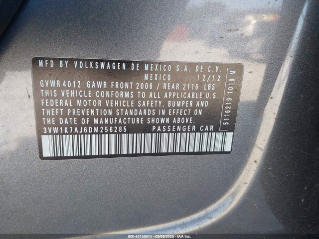 2013 Volkswagen Jetta 2.0l S მანქანა იყიდება აუქციონზე, vin: 3VW1K7AJ6DM256285, აუქციონის ნომერი: 43130411
