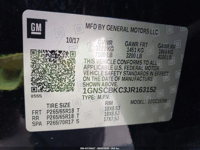 Aukcja sprzedaży 2018 Chevrolet Tahoe Lt, vin: 1GNSCBKC3JR163152, numer aukcji: 43130427