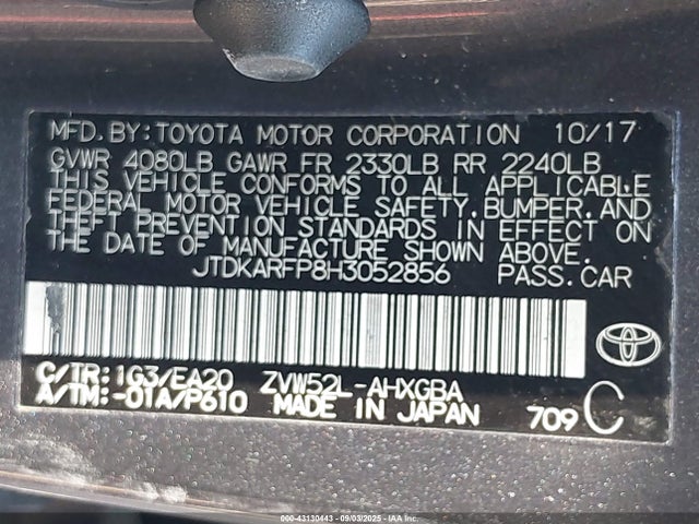 JTDKARFP8H3052856 Toyota 2zr-fxe+1nm