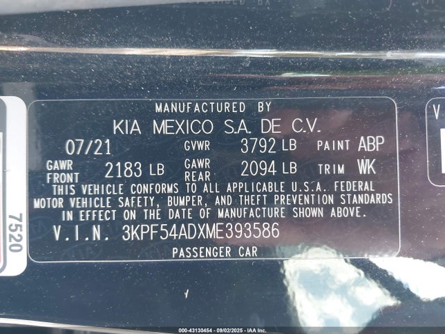 3KPF54ADXME393586 KIA FORTE EX