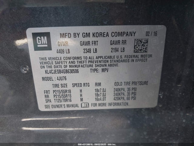 Buick luv - vvt, alum gme e85 max 2016 KL4CJESB4GB630506 Image 9