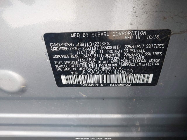 Subaru naturally aspirated u5 2019 JF2SKACC8KH449690 Image 9