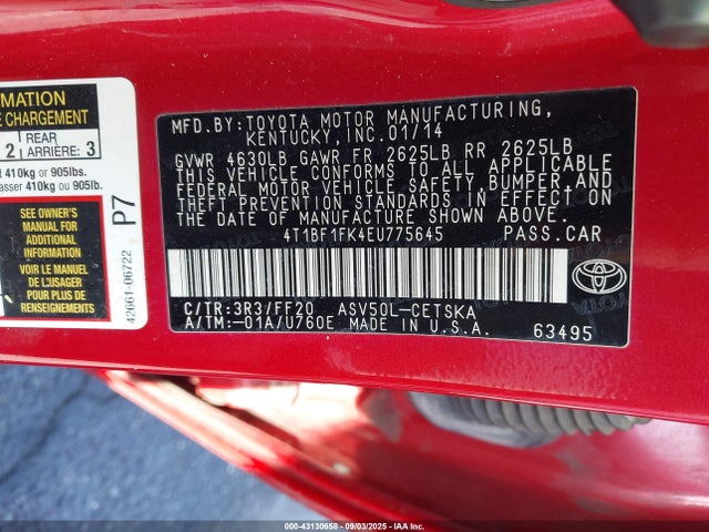 Toyota 2ar-fe 2014 4T1BF1FK4EU775645 Image 9