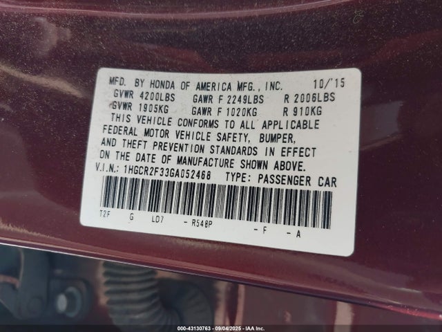 1HGCR2F33GA052468 Honda k24w1