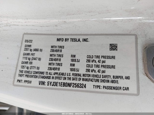 5YJ3E1EB0NF256324 Tesla MODEL 3