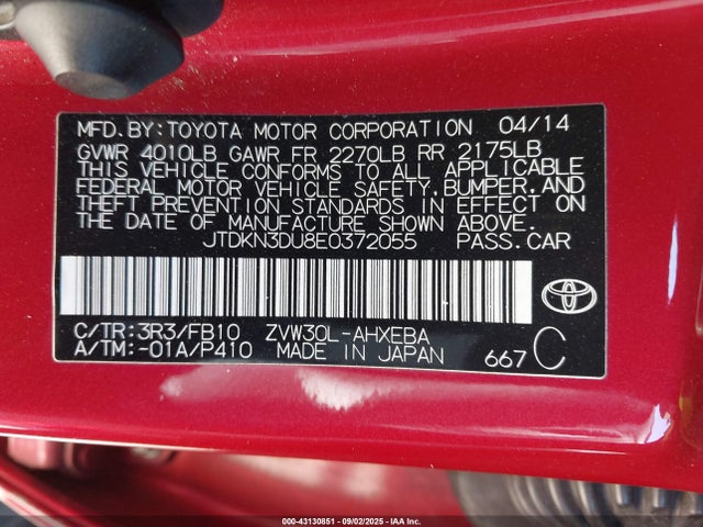 JTDKN3DU8E0372055 Toyota Prius Two