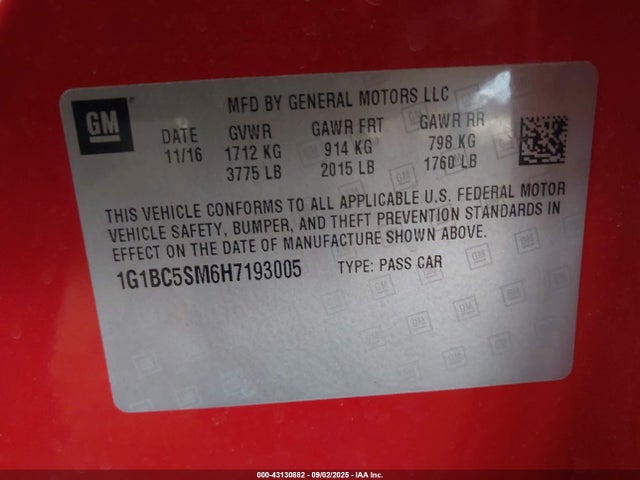 1G1BC5SM6H7193005 Chevrolet le2 -di: direct injection, vvt: variable valve timing, gen, alum