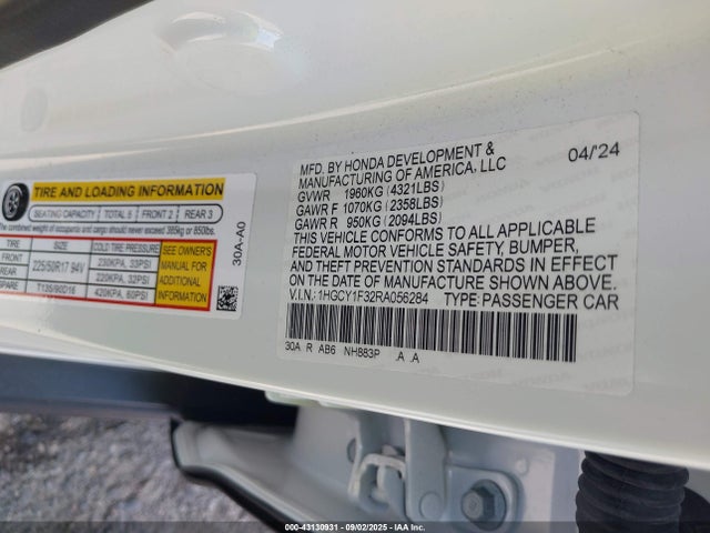 1HGCY1F32RA056284 Honda l15be
