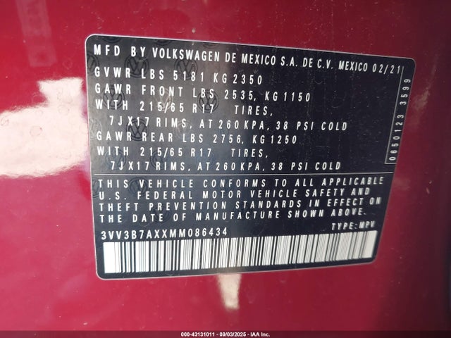 3VV3B7AXXMM086434 Volkswagen Tiguan
