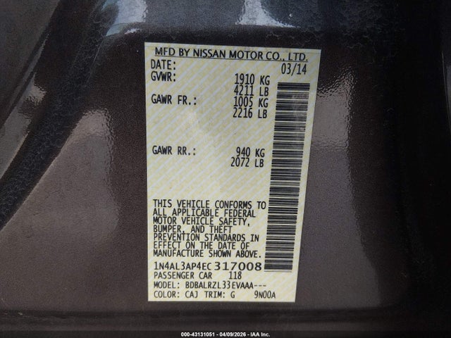 1N4AL3AP4EC317008 Nissan Altima 2.5 S