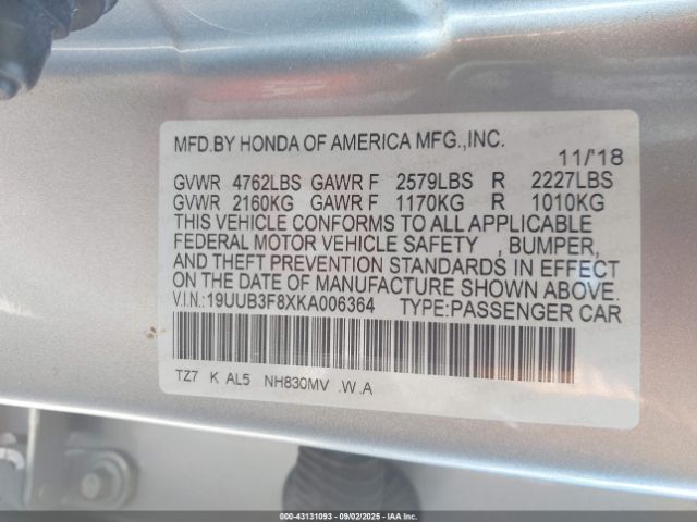 2019 ACURA TLX 19UUB3F8XKA006364 Photo 8