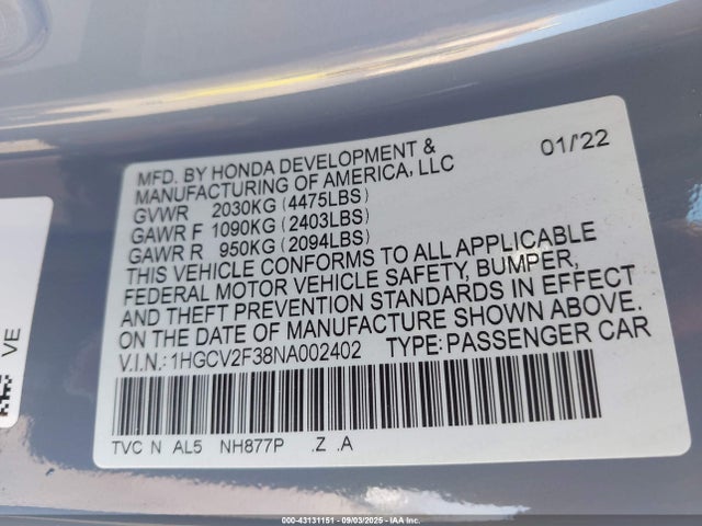 1HGCV2F38NA002402 Honda k20c4