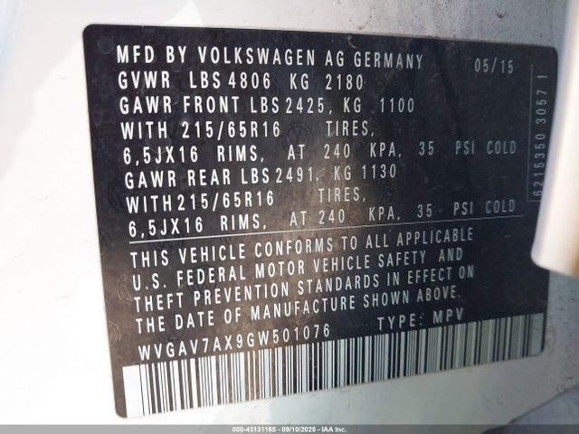 WVGAV7AX9GW501076 Volkswagen 2.0t