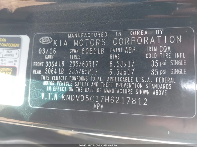 KNDMB5C17H6217812 KIA 2017