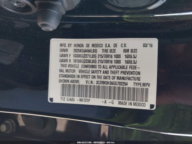 3CZRM3H36GG702254 Honda k24w9/k24v1