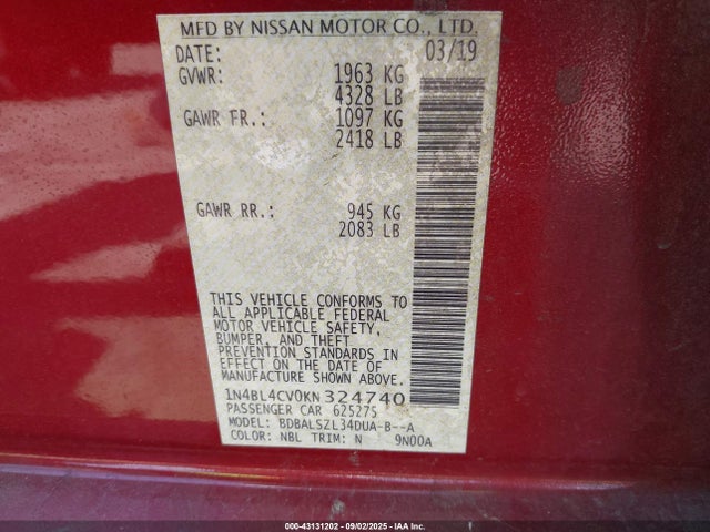 Nissan 2019 2019 1N4BL4CV0KN324740 Image 9