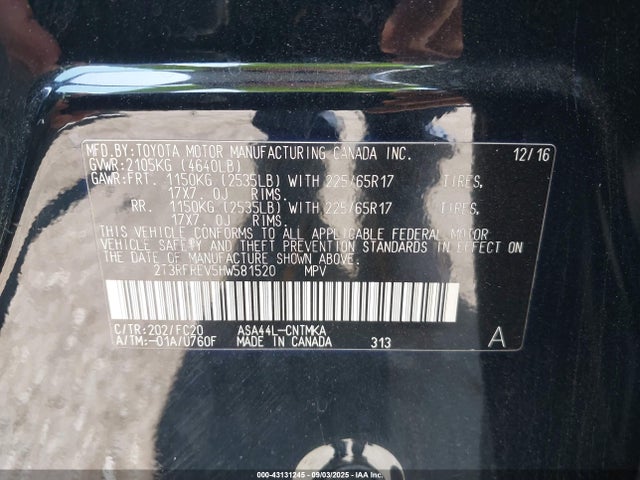 Toyota 2ar-fe 2017 2T3RFREV5HW581520 Image 9