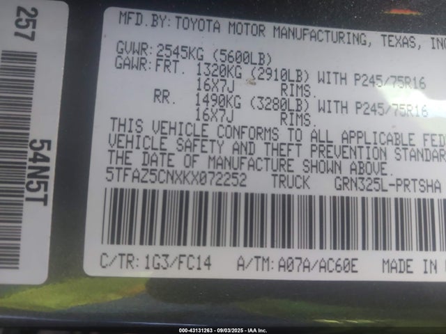 5TFAZ5CNXKX072252 Toyota 2gr-fks