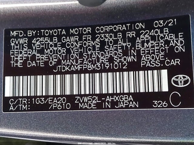 Toyota 2zr-fxe, 1nm+1sm 2021 JTDKAMFP8M3191012 Image 9
