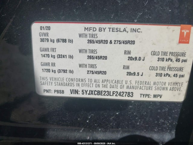 2020 TESLA MODEL X 5YJXCBE23LF242783 Photo 8