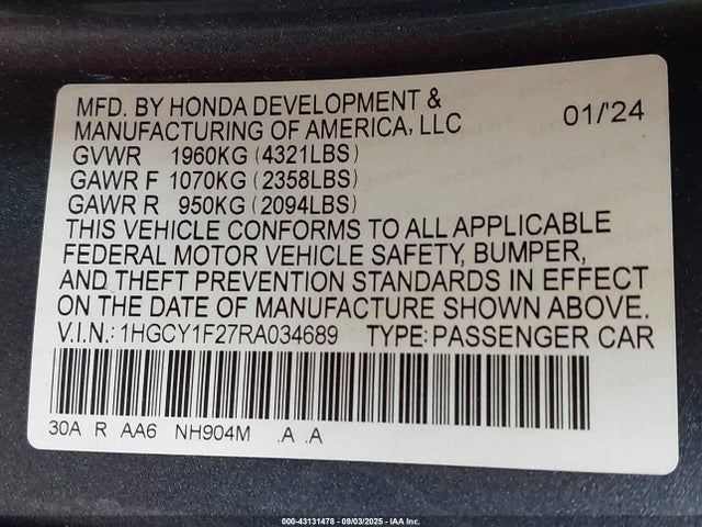 1HGCY1F27RA034689 Honda l15be