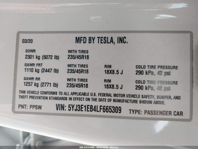 2020 TESLA MODEL 3 5YJ3E1EB4LF665309 Photo 8