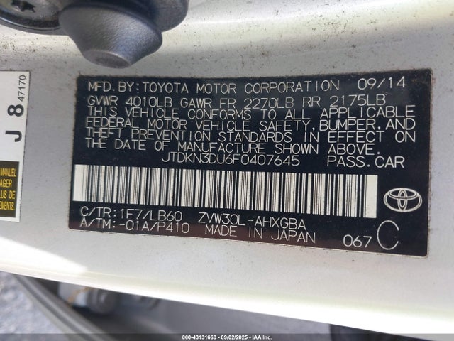 Toyota 2zr-fxe+3jm 2015 JTDKN3DU6F0407645 Image 9