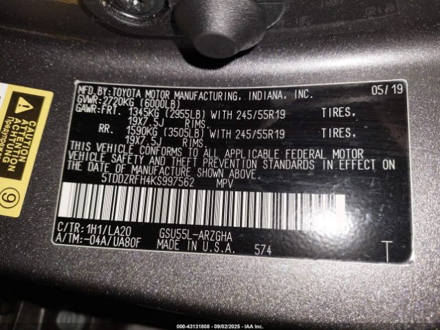 2019 TOYOTA HIGHLANDER 5TDDZRFH4KS997562 Photo 8