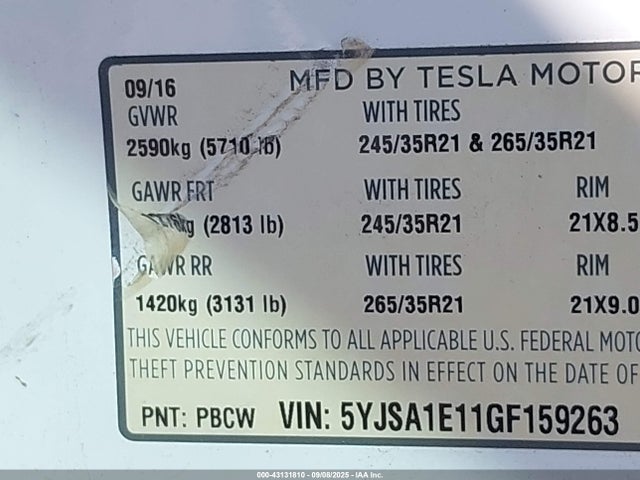 2016 TESLA MODEL S 5YJSA1E11GF159263 Photo 8