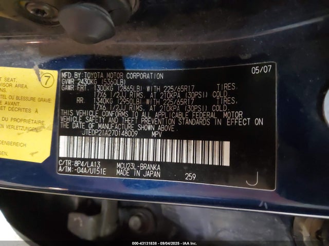 Продаж на аукціоні авто 2007 Toyota Highlander Limited V6, vin: JTEDP21A270148009, номер лоту: 43131838