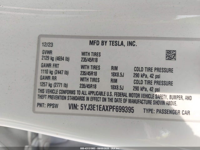 Продаж на аукціоні авто 2023 Tesla Model 3 Rear-wheel Drive, vin: 5YJ3E1EAXPF699395, номер лоту: 43131983